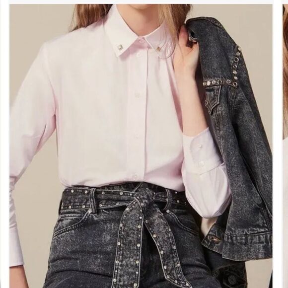 Sandro Women Shirt  French Casual Sz 0 Pink And White Striped Jeweled Button NWT - Picture 1 of 16